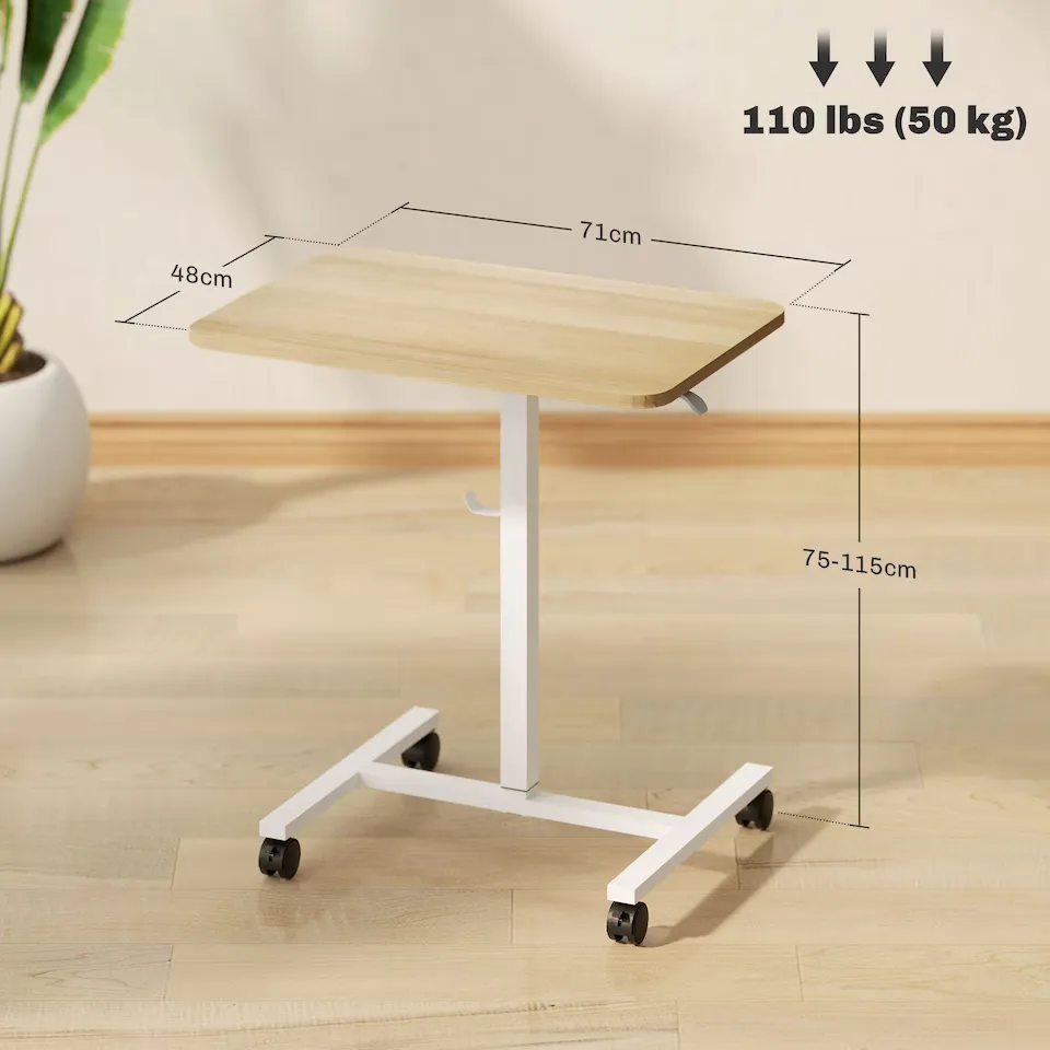 HOMCOM Height Adjustable Standing Desk, Pneumatic Sit Stand Desk for Laptop, Mobile Overbed Table with Wheels and Headphone Hook for Home Office, Natural Wood Finish